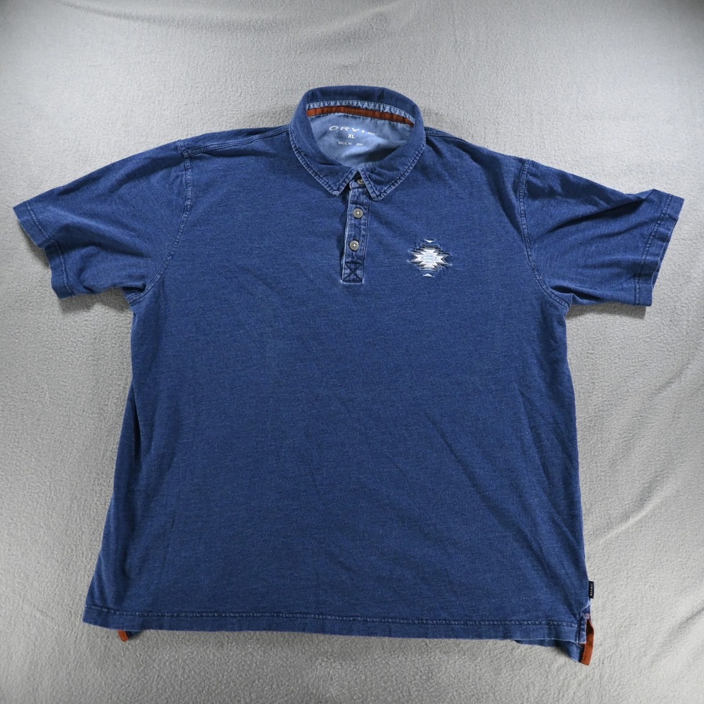 Orvis Mens Southwest Embroidered Polo‎ Shirt XL Blue Aztec Logo Washed Indigo